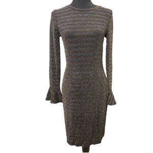 Michael Kors Black and Gold Bodycon Trumpet-Sleeve Midi Dress Women’s Small